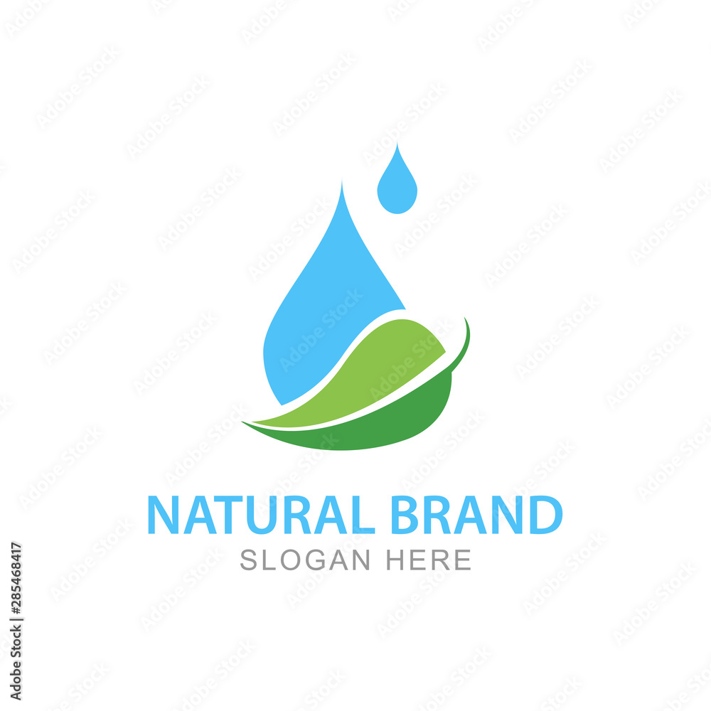 Nature logo design water blue drop with green leaf design isolated background Nature logo design water blue drop with green leaf design isolated background