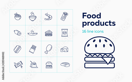 Food products line icon set. Set of line icons on white background. Chicken  butter  hot dog. Food concept. Vector illustration can be used for topics like restaurant  eating  food market