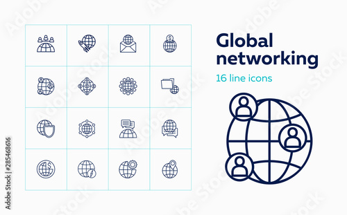Global networking line icon set. Meeting, startup, map location. International business concept. Can be used for topics like communication, negotiation, navigation