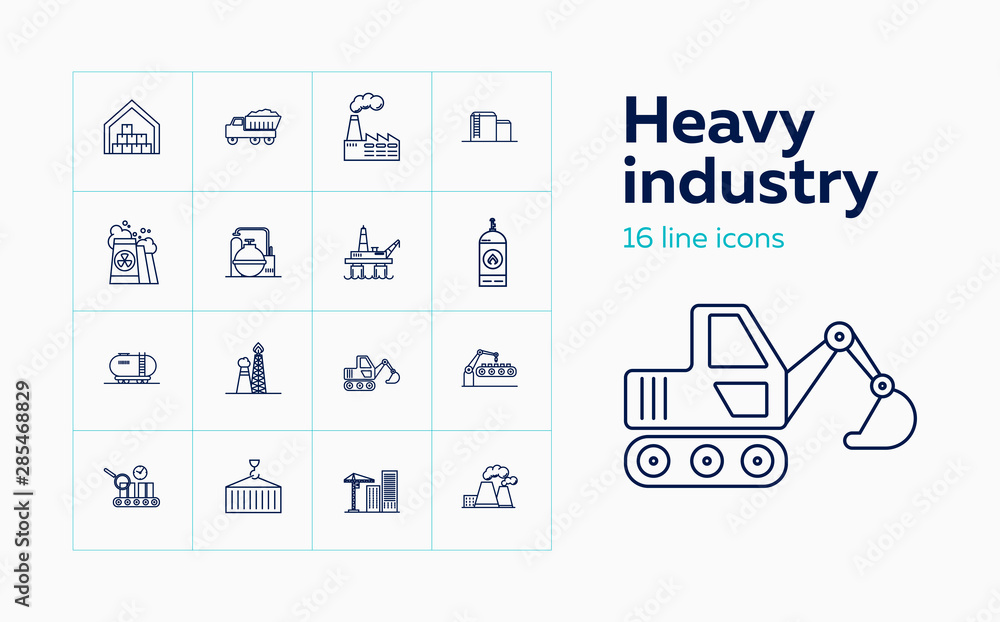 Heavy industry line icon set. Engineer, factory, oil derrick. Urban and business concept. Vector illustration can be used for topics like business, modern life, industry