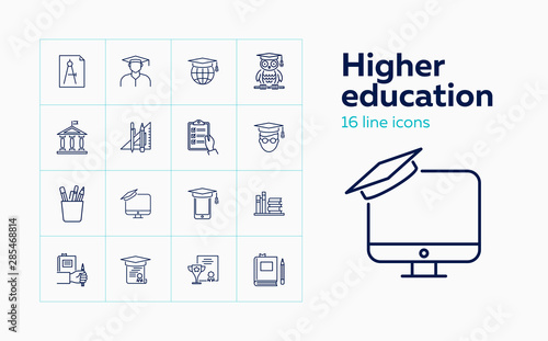 Higher education line icon set. Owl, graduation cap, diploma. Studying concept. Can be used for topics like college, honor degree, learning
