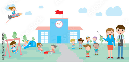 Kids go to school, back to school template with kids, teacher and  students, kids and  playground, Vector Illustration.