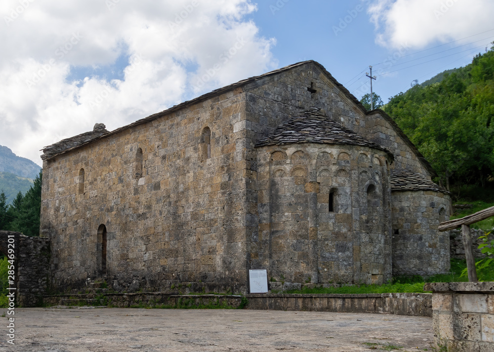 Ancient church in Vagli Sotto, in Garfagnana, Italy, here seen from the rear. Dedicated to St Augustine it dates back to the 11th century.