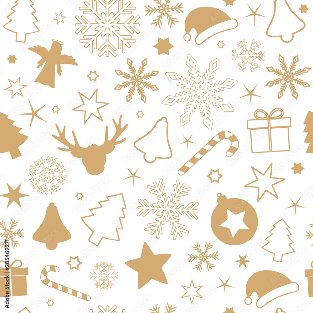 seamless pattern christmas design with snowflake stars angel gift bell and candy cane on white background vector illustration EPS10