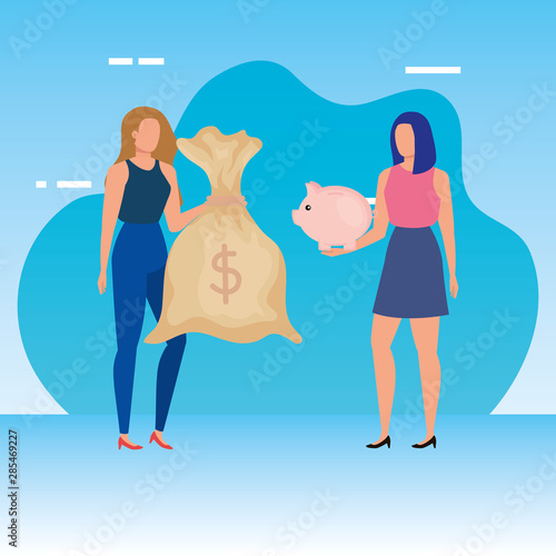 young women with piggy savings and money sack