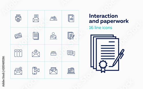 Interaction and paperwork line icon set. Newspaper, new message, email letter. Communication concept. Can be used for topics like chatting, documents, news, social media network
