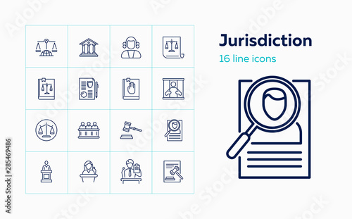 Jurisdiction line icon set. Courthouse, judge gavel, scale. Law concept. Can be used for topics like justice, court, crime