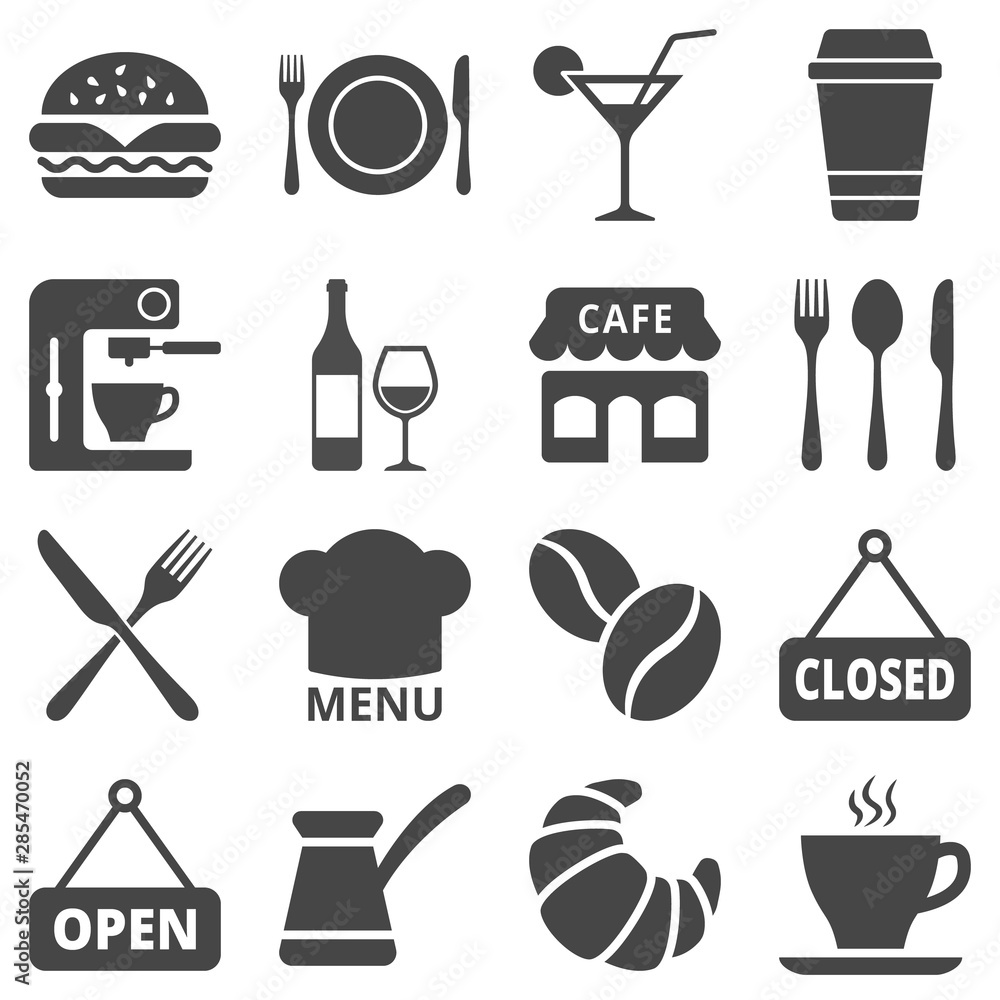 Cafe and restaurant icon set isolated on white background. Vector illustration. Cafe and restaurant icon set isolated on white background. Vector illustration.