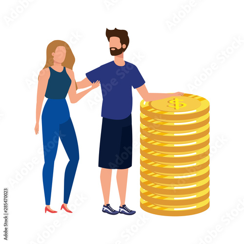 young couple with coins money avatars characters