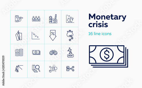 Monetary crisis icons. Set of line icons. Unemployment, bankruptcy, decline. Financial problems concept. Vector illustration can be used for topics like business, finance, banking