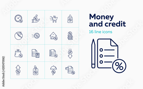 Money and credit icon set. Set of line icons on white background. Purse, coins, banknotes. Economy concept. Vector illustration can be used for topics like banking, investment, profit