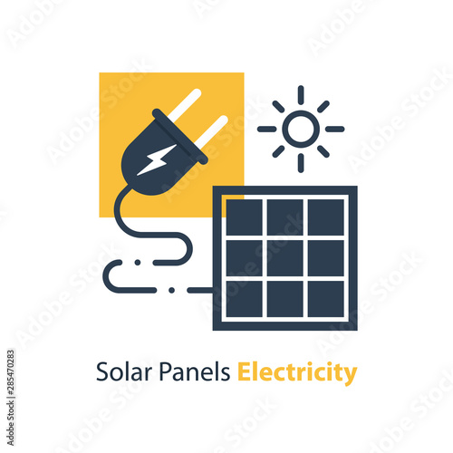 Solar panel and plug, source of energy, flat design illustration