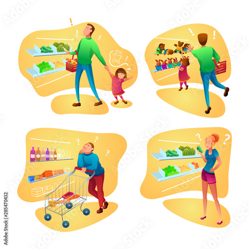 Supermarket shopping flat vector illustrations set