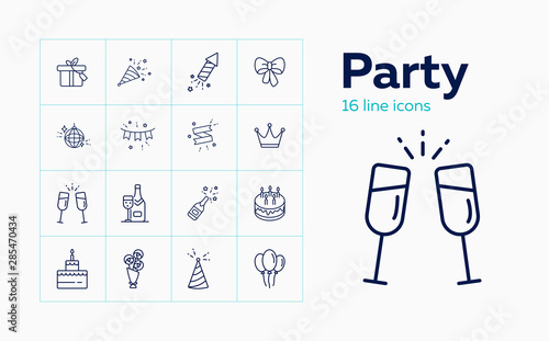 Party line icon set. Decoration, crown, alcohol, dessert, gift. Celebration concept. Can be used for topics like birthday, wedding, surprise, holiday