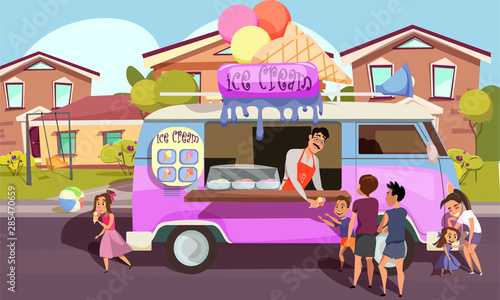 Ice cream van, food truck flat vector illustration