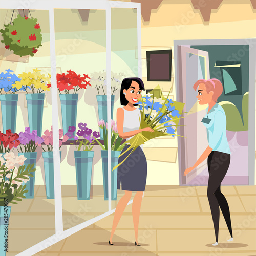 Woman in florist shop flat vector illustration