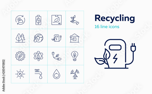 Recycling line icon set. Forest, car charge station, water resource. Ecology concept. Can be used for topics like environment protection, sustainable development, alternative fuel