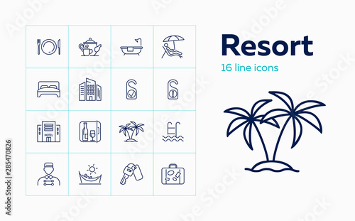 Resort line icon set. Bathroom, bedroom, beach. Tourism concept. Can be used for topics like vacation, travel, hotel service