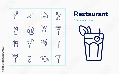 Restaurant line icon set. Service bell, bauble, beer, cocktail. Alcohol concept. Can be used for topics like pub, party, holiday