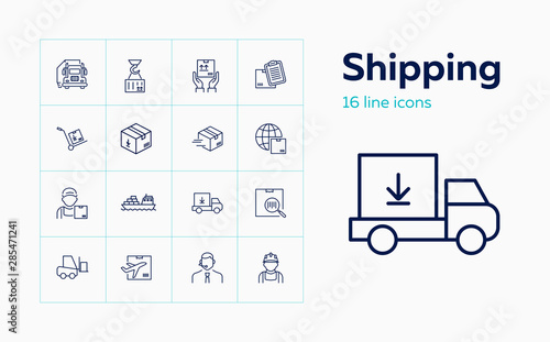 Shipping line icon set. Courier, operator, loader. Transportation concept. Can be used for topics like logistics, online store, postal service