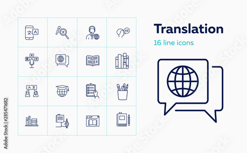 Translation icons. Set of line icons. Dictionary, online translator, language. Linguistics concept. Vector illustration can be used for topics like education, communication, applications