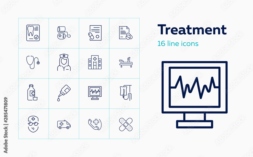Treatment icons. Set of line icons. Surgeon, hospital, icu room, medication. Medical service concept. Vector illustration can be used for topics like healthcare, medicine, medical equipment Treatment icons. Set of line icons. Surgeon, hospital, icu room, medication. Medical service concept. Vector illustration can be used for topics like healthcare, medicine, medical equipment