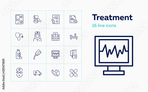 Treatment icons. Set of line icons. Surgeon, hospital, icu room, medication. Medical service concept. Vector illustration can be used for topics like healthcare, medicine, medical equipment