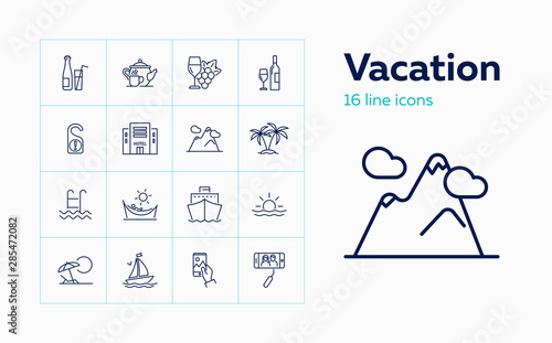 Vacation line icon set. Hotel, palms, cruise ship. Tourism concept. Can be used for topics like resort, travel, journey