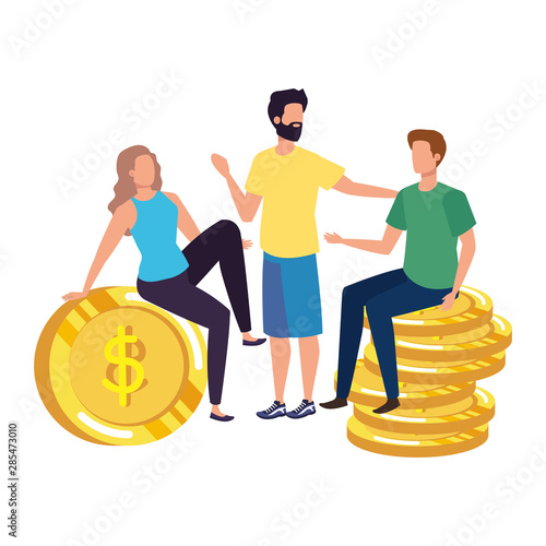 group of people with coins money dollars characters