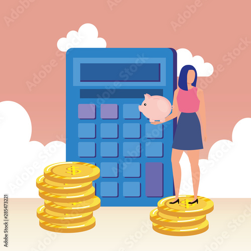 young woman with calculator and money