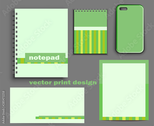 Vector collection of mock up notebooks and stationery and case for smartphone. Stylish green print with geometry pattern, trendy design of notebooks and sheets for letters.