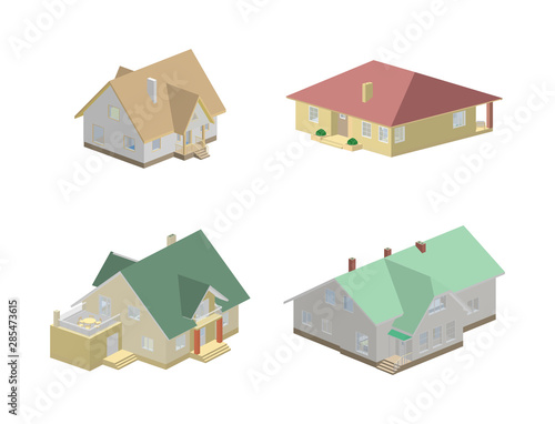 Colorful suburban houses 3D icons. Vector Illustration.