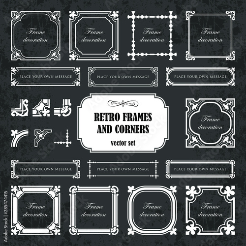 Frames and corners in retro style on chalkboard background - vector set