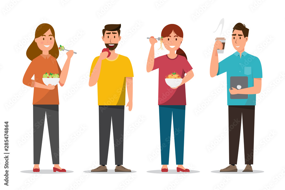 people eating healthy food and fast food in different character people eating healthy food and fast food in different character