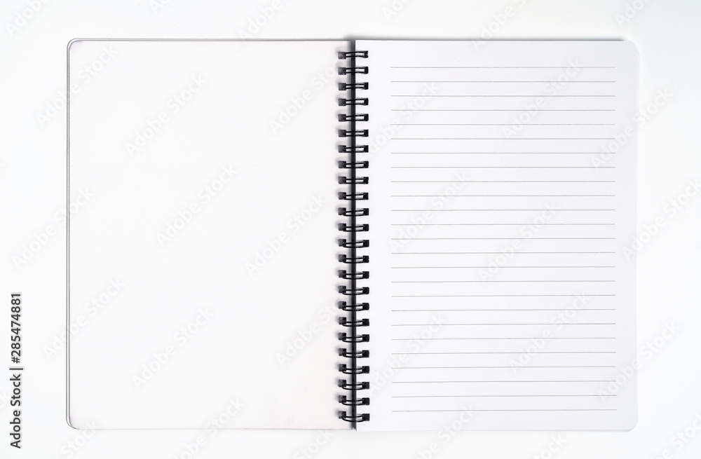 Business concept - Top view collection of spiral kraft notebook front, purple And white open page isolated on background for mockup Business concept - Top view collection of spiral kraft notebook front, purple And white open page isolated on background for mockup