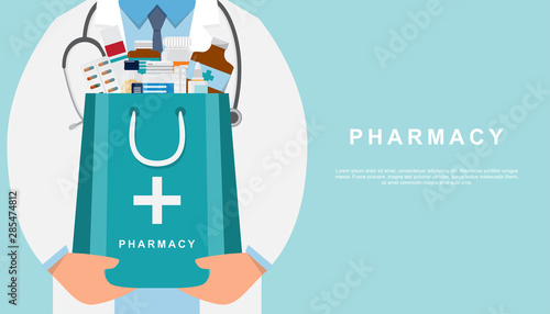 pharmacy background with doctor holding a medicine bag photo