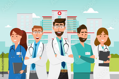 Set of doctor cartoon characters. Medical staff team concept in front of  hospital