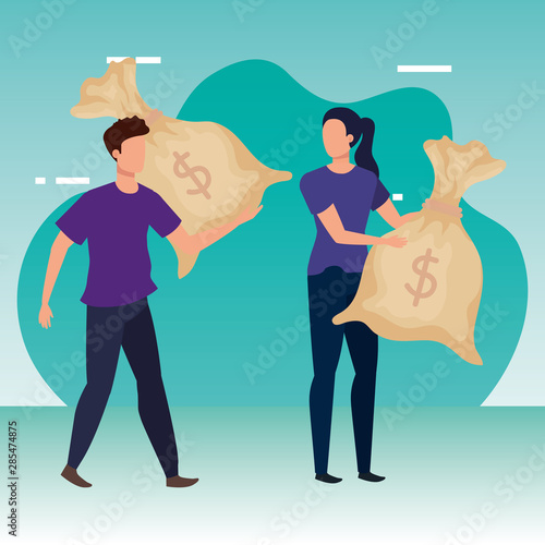 young couple with money bags avatars characters