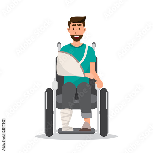 smile man injured wearing a bandage on wheelchair
