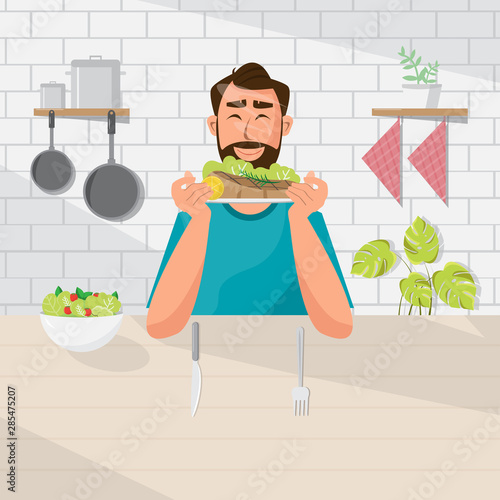 Man is eating salad and steak. Vegetarian, healthy lifestyle