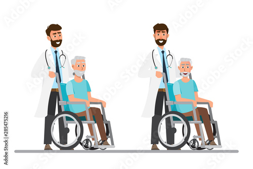 old man sit on a wheelchair with doctor take care