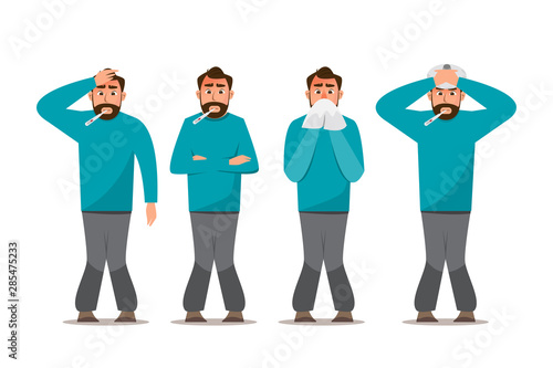 Set of sick people feeling unwell, having cold, headache and fever