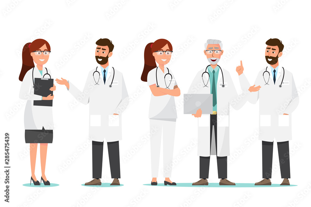 Set of doctor cartoon characters. Medical staff team concept in hospital. Set of doctor cartoon characters. Medical staff team concept in hospital.