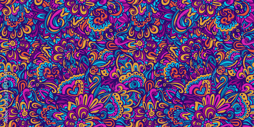 Colorful doodle decorative ornamental seamless pattern. Funky festive cartoon organic shapes surface design