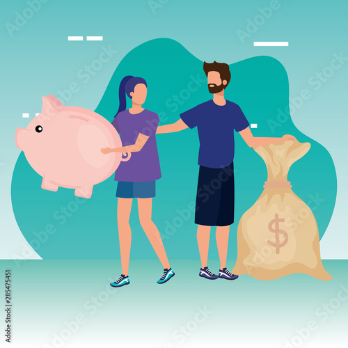 young couple with piggy and money sack characters