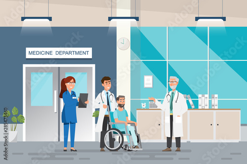 Medical concept with doctor and patients in flat cartoon at hospital hall