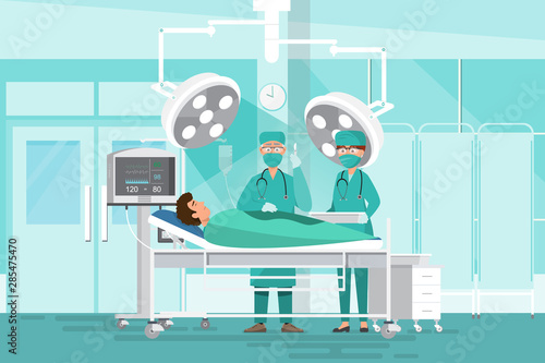 Medical staff team concept in hospital. Surgeon team doctors, nurse and patient