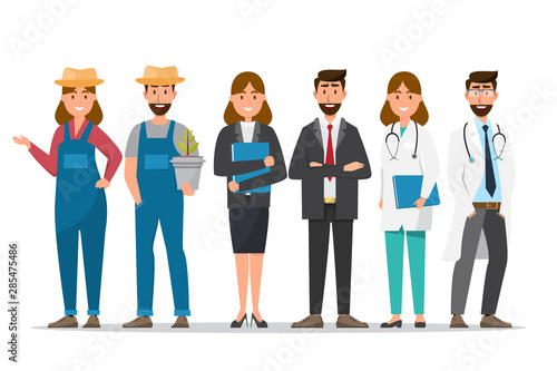 A group of people in different professions on a white background