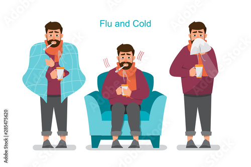 Set of sick people feeling unwell, having cold, flu and fever