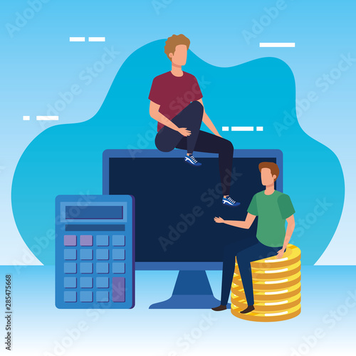 young men with desktop and money